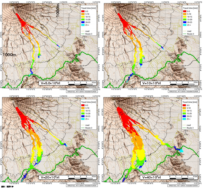 Semeru Volcano, simulation of the pyroclastic flow :travel time（V）