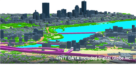 The cityscape of Boston - rendered with AW3D Building 3D data. The delicate details of the buildings, bridges, and vegetation are captured.