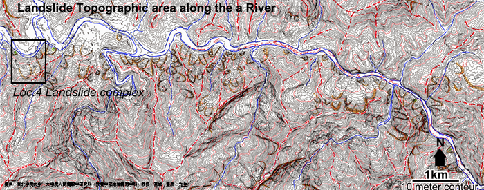 川沿いの地滑り地帯の地形